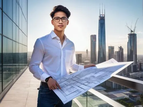 Bachelor of Architecture Design, male, 25yo, black hair, glasses, white shirt, dark blue jeans, holding a large blueprint, standing in front of a modern skyscraper, cityscape, sunny day, bright lighti