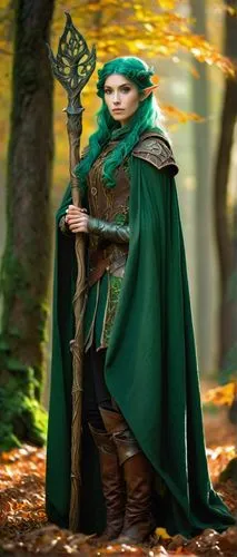 Woodland elf, slender figure, pointed ears, emerald green hair, gentle facial features, earthy makeup, intricate wooden armor, leaf-patterned cloak, holding a glowing staff, standing amidst autumn for