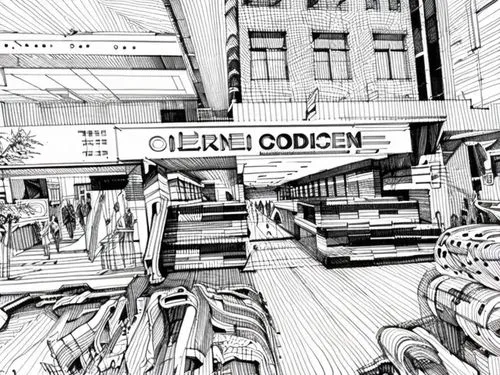 store fronts,shopping mall,shopping street,shopping center,convenience store,grocer,comic style,osaka station,mono-line line art,wireframe graphics,transport hub,shops,bus station,grocery store,the ma