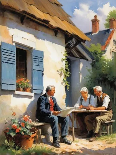 elderly couple,village scene,queler,old couple,village life,idyll,Conceptual Art,Oil color,Oil Color 03