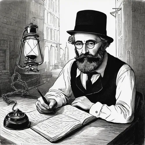 rabbi,reading magnifying glass,watchmaker,clockmaker,gas lamp,shoemaker,game illustration,erlenmeyer,scholar,book illustration,hand-drawn illustration,caricaturist,stovepipe hat,professor,leonardo devinci,theoretician physician,torah,anton chekhov,self-portrait,chemist,Illustration,Black and White,Black and White 29