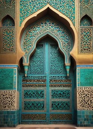 Intricate Islamic geometric patterns, ornate arches, majestic mosques, intricate calligraphy, golden domes, minarets, vibrant turquoise tiles, Arabic script, Middle Eastern cityscape, ancient bazaars,