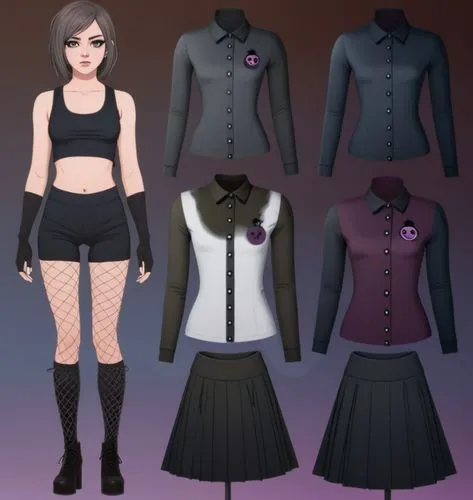 Paper doll 2d cartoon goth brown haired girl in black sleeveless shirt ,black tight fit spandex shorts, complete full length fishnet and black goth knee Boots, standing surrounded by with a set of got