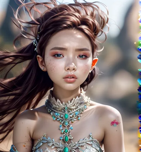 fantasy portrait,inner mongolian beauty,asian vision,fantasy art,3d fantasy,world digital painting,colorful background,retouching,mermaid background,mystical portrait of a girl,jewelry,natural cosmetic,oriental girl,body jewelry,image manipulation,child fairy,little girl fairy,jeweled,retouch,asian girl