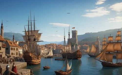 a busy medieval port city,some boats and buildings on a body of water,novigrad,caravel,philippopolis,constantinople,imperia,kenway,Photography,General,Realistic