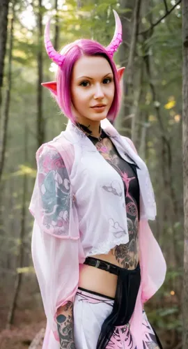 Pink haired half demon with black tattos in a japanese magical forest,fae,ganmodoki,geisha,mukimono,ammo,cosplay image,mini e,horumonyaki,haunebu,evil fairy,ekiben,japanese kawaii,bulli,silphie,jinrik