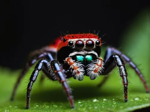 Macro shot, jumping spider, tiny, black body, eight legs, water droplet, transparent, refracting light, hat, miniature top hat, red ribbon, intricate details, morning dew, green leaf, delicate stem, s