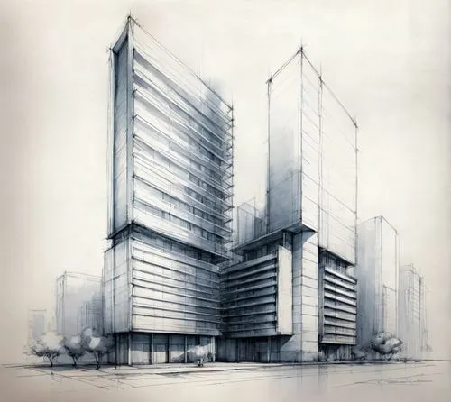 Building Sketch Concept,this drawing depicts two buildings with lots of windows,unbuilt,koolhaas,hejduk,isozaki,docomomo,azrieli,Conceptual Art,Daily,Daily 32