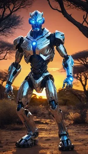 Safari AI, futuristic robot, metallic silver body, glowing blue eyes, advanced CPU, intricate circuitry, sleek design, standing, savannah, acacia trees, sunset, warm lighting, dramatic composition, lo