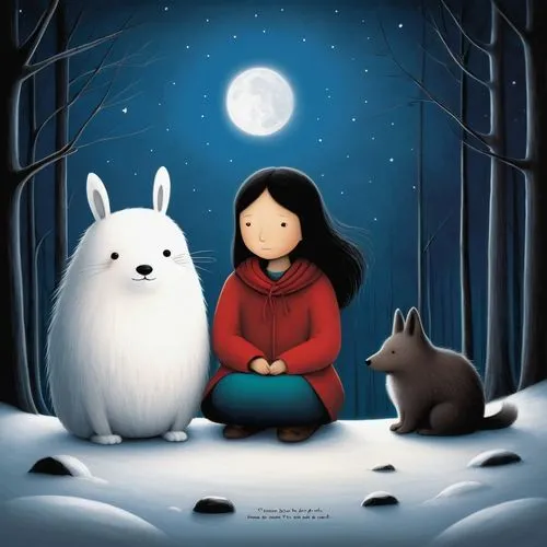 Ronja story,a painting of an adult and two dogs in the snow,winter night,blanca,mumin,winter animals,winter dream,girl with dog,Illustration,Abstract Fantasy,Abstract Fantasy 22