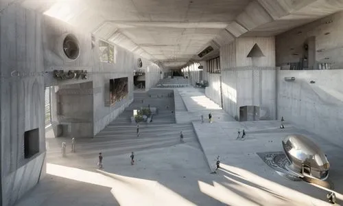 mid day sunlight, modern concrete massive architecture, hd, 75 mm lens, cinematic lighting,futuristic art museum,concrete construction,exposed concrete,archidaily,concrete ceiling,brutalist architectu