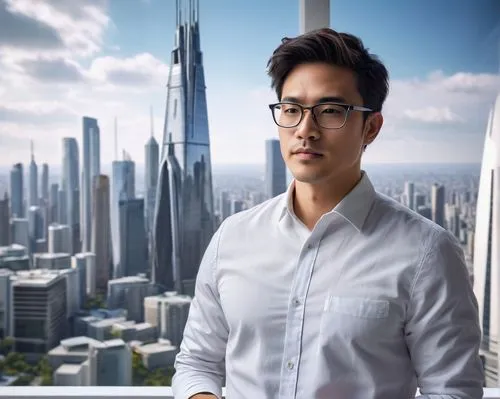 Modern computer-aided architectural design studio, solo male architect, 30s, bespectacled, messy short hair, casual wear, white shirt, jeans, sneakers, holding a coffee cup, standing in front of a lar