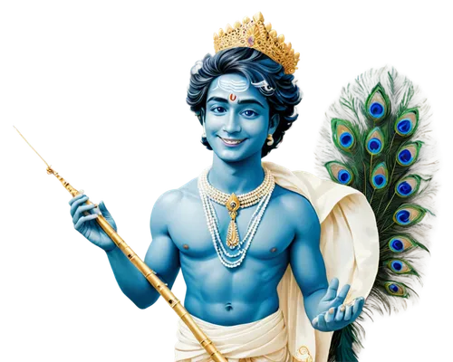 Hindu god, Lord Krishna, blue-skinned, smiling face, gentle eyes, golden crown, pearl necklace, white dhoti, intricately designed peacock feather, flute in hand, standing, blessings, warm lighting, so