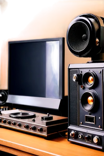 film strip, old camera, wooden table, vintage microphone, reel-to-reel recorder, mixing console, sound waves, acoustic panels, studio monitors, headphones, sound engineer, mixing, mastering, recording