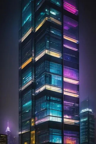 Modern skyscraper, futuristic cityscape, different architectural frameworks, sleek lines, geometric shapes, steel beams, glass façade, LED lighting, rooftop garden, urban jungle, bustling streets, nig