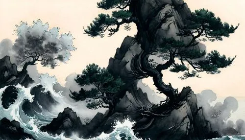 watercolor pine tree,black pine,pine tree,cliffs,cliffside,cliffs ocean,cliffsides,sea landscape,dragonstone,stormy sea,the great wave off kanagawa,seashores,coastlines,ocean waves,crashing waves,sea caves,water scape,isolated tree,sea storm,pine,Illustration,Paper based,Paper Based 30