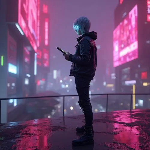 High-tech futuristic scene, magenta dominant color scheme, neon lights, metallic structures, sleek lines, minimalist background, cyberpunk atmosphere, robotic figure, glowing eyes, silver hair, black 