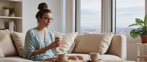 cozy one-bedroom apartment, modern interior design, solo woman, 25yo, casual outfit, messy bun, glasses, holding coffee cup, sitting on beige sofa, soft cushions, wooden coffee table, minimalist decor