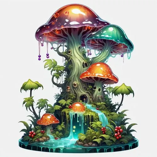 mushroom landscape,mushroom island,tree mushroom,forest mushroom,mushroom type,agaric,Illustration,Abstract Fantasy,Abstract Fantasy 11