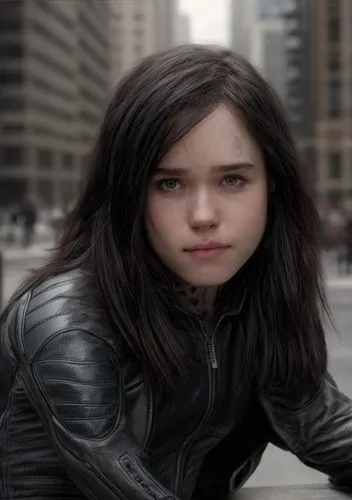 a portrait of a beautiful Ellen Page  19 years old black hair in a black custom of x men of marvel, the city of New York as background in 4k,katniss,clove,digital compositing,cgi,madeleine,3d rendered