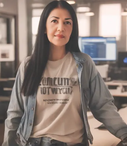 A woman with long black hair, dark brown eyes, and natural makeup,women in technology,blur office background,staff video,code geek,sysadmin,the community manager,community manager,t-shirt printing,asi