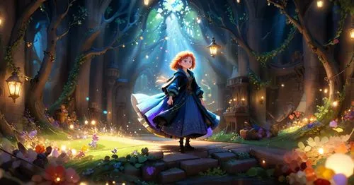 a woman in a blue dress and some lights,fairy forest,fairie,fantasia,fairy tale character,fairy world,fae,Anime,Anime,Cartoon