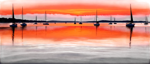 Serene sunset, over calm waters, golden hour, vibrant orange pink sky, reflected sunlight on rippling waves, sailboats or yachts in distance, distant seagulls flying, warm soft lighting, cinematic com