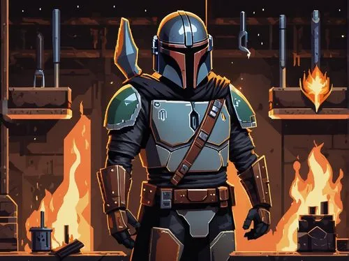 Mandalorian, armor maker, male, muscular, strong jawline, ponytail, beard, scar above eyebrow, black leather apron, metalworking tools, hammer, anvil, molten metal, sparks flying everywhere, dimly lit