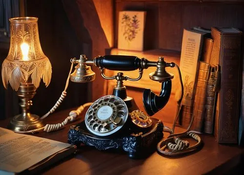 Antique French telephone, ornate metal body, golden accents, rotary dial, curly cord, wooden desktop, vintage papers scattered, dimly lit study room, leather-bound books, old-fashioned lamp, warm ligh