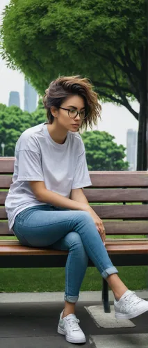 office worker, slacking off, casual pose, glasses, messy hair, minimal makeup, relaxed outfit, t-shirt, jeans, sneakers, sitting on a bench, urban park, green trees, cityscape background, overcast lig