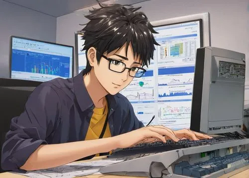 Computer science book, technical writing, solo, desk, lamp, glasses, messy hair, casual wear, sitting, focused expression, hands typing on keyboard, laptop screen displaying diagrams, CPU models, cach