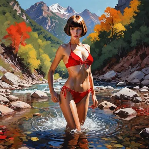 momiji,girl on the river,retro pin up girl,the blonde in the river,pin-up girl,world digital painting,retro pin up girls,pin up girl,japanese woman,velma,oriental girl,asian woman,pin-up girls,rumiko,mulan,thermal spring,retro woman,bather,tretchikoff,retro girl,Conceptual Art,Oil color,Oil Color 07