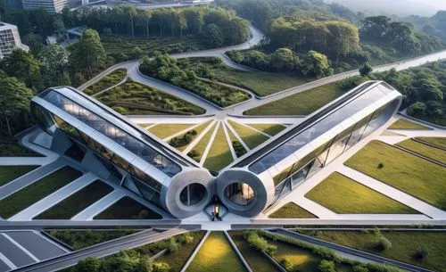 an aerial view of a futuristic building,futuristic architecture,futuristic art museum,stalin skyscraper,atomium,futuristic landscape,superhighways,Photography,Documentary Photography,Documentary Photo