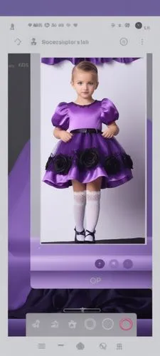 3d fashion drawing for satin dress for kids with light purple on the top and dark purple in the skirt with lace layer with black roses and white thin belt
With Long socks and black shoes ,an image of 