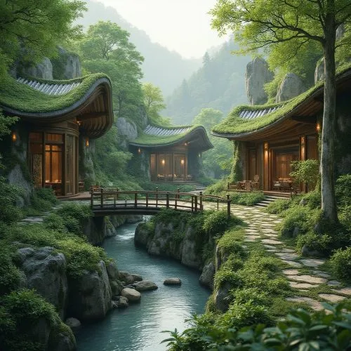 asian architecture,shaoming,green forest,teahouse,green landscape,japan landscape,wudang,japon,qingcheng,japanese garden,fantasy landscape,teahouses,oriental,zen garden,japan garden,qingming,beautiful japan,home landscape,bamboo forest,green waterfall,Photography,General,Realistic