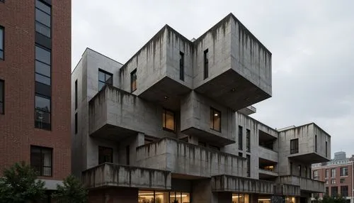 Rough-hewn concrete walls, exposed ductwork, industrial metal beams, weathered steel surfaces, raw brick facades, rugged stone foundations, brutalist fortress-like structures, dramatic cantilevered ro