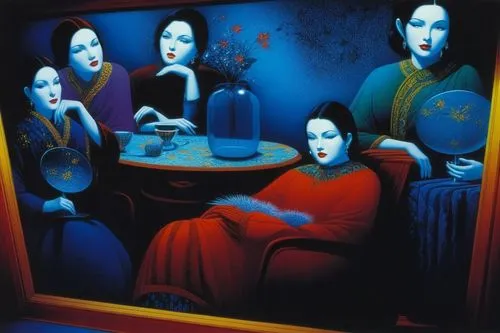 fado,women at cafe,blue room,kafana,fornasetti,jasinski,piccioni,floridita,surrealists,woman at cafe,gholamhossein,blasetti,ishaqi,jianfeng,glass painting,quartette,delatour,quartetto,dixit,tretchikof