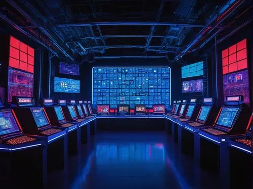 computer room,cyberspace,control center,game room,arcade,arcade games,technology museum,arcades,arcade game,control desk,museum of technology,ufo interior,control panel,computer system,data center,the server room,computer game,space invaders,computer games,futuristic art museum,Illustration,Realistic Fantasy,Realistic Fantasy 45