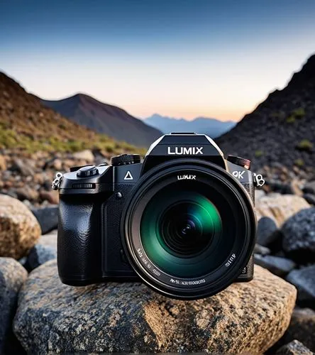 A LUMIX CAMERA UNDER THE LAND OF DARK ROCKS WITH DARK MOUNTAIN VIEW ON THE BACKGROUND,the panasonic camera on top of some rocks,sony alpha 7,canon 5d mark ii,minolta,hasselblad,full frame camera,techn