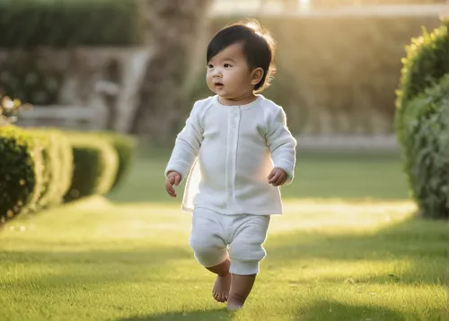 (rim lighting,beautiful lighting,morning lighting),(black hair,(White aura body skin)),asian baby boy walking on the lawn,little girl running,baby & toddler clothing,little girl in wind,diabetes in in