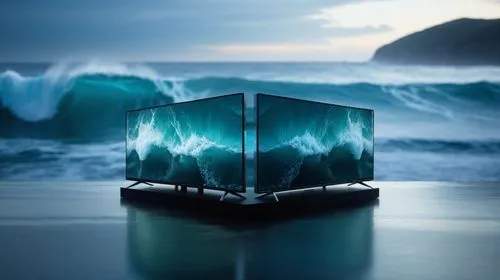 a philips under the glass. with killer wave in the background with high resolution in a dark surface,an electronics that is near the ocean waves,cube sea,water cube,cube surface,cube background,tesser