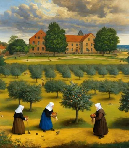 agricultural scene,sedlacek,dutch landscape,trappists,nuns,church painting