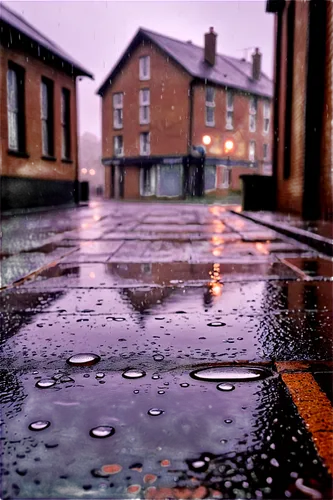 rainfall, droplets on windowpane, water splashing, puddles on pavement, misty atmosphere, morning dew, soft focus, shallow depth of field, warm color tone, cinematic lighting, 3/4 composition, panoram