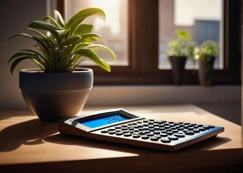 Architectural scale calculator, sleek modern design, metallic body, high-precision screen, blue backlight, intricate buttons, ergonomic grip, wooden desk, office setting, natural light pouring through