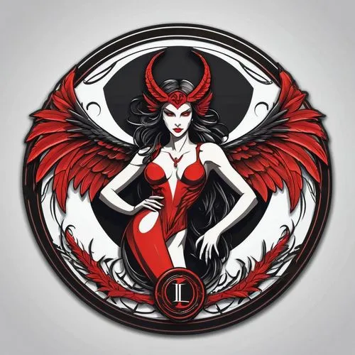 Logo 3d emblem for game token depicting the demon winged harpy Lilith (including the word "Lilith"), black and red tones, illustration,vibrant, ((circular token)) on white background,a woman is wearin