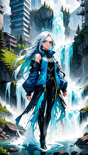 tiber riven,water-the sword lily,blue enchantress,aqua,water fall,rapids,cascade,monsoon banner,ice queen,winterblueher,game illustration,ilse falls,clear stream,water falls,aquanaut,water flowing,merfolk,water lotus,neottia nidus-avis,skyflower,Anime,Anime,General