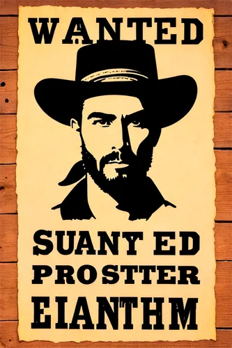 Wanted poster, old western style, torn edges, yellowed paper, bold black font, cowboy hat, bandana, leather boots, rugged facial features, bushy eyebrows, sharp jawline, holstered gun, wooden backgrou