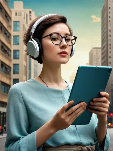 wireless headset,audiobooks,girl studying,plantronics,audio player,listening to music,wireless headphones,woman holding a smartphone,headset,girl at the computer,headphones,music on your smartphone,tablets consumer,reading glasses,headphone,ereader,audiobook,book electronic,programadora,librarian,Illustration,Realistic Fantasy,Realistic Fantasy 35