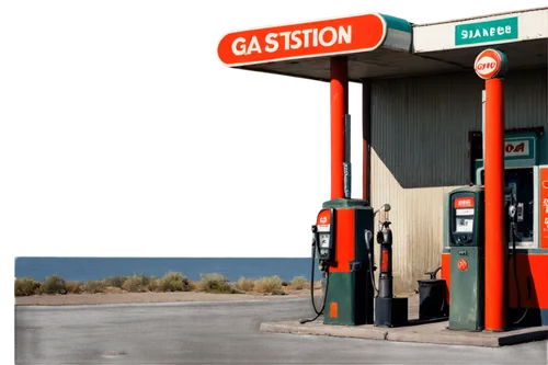 Retro-style gas station, old-fashioned pumps, rusty metal exterior, vintage signs, classic cars parked nearby, worn-out concrete floor, nostalgic atmosphere, warm lighting, 3/4 composition, shallow de