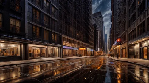 high-density New York City nightlife street, ultra-modern, super realistic high-definition photo-realistic rendering, atmospheric ambiance, amber lighting, puddles in the street, ,new york streets,chr